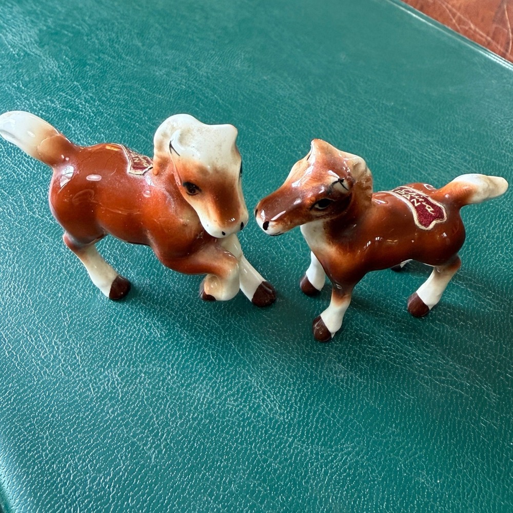Vintage Bone China Japan Miniature Horse Pony Figurine Set Brown White Glossy